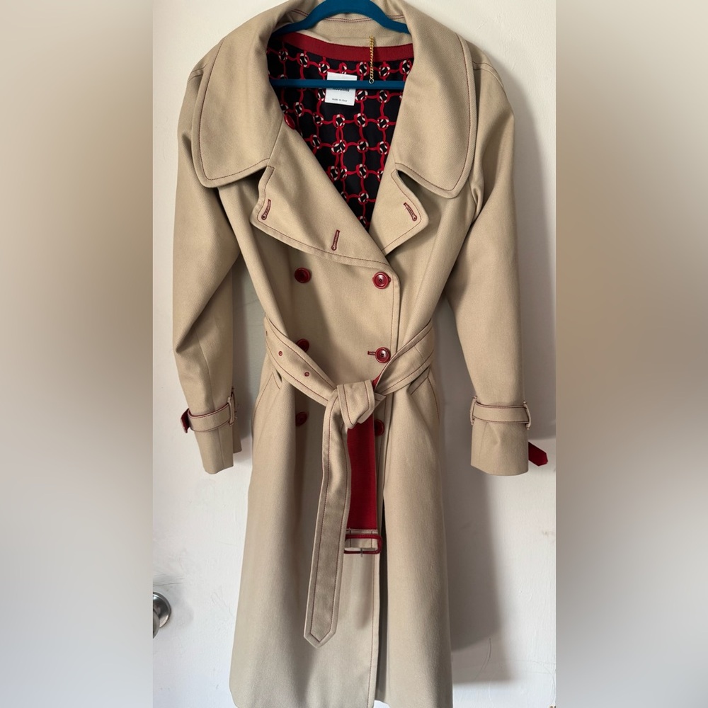 Moschino Tan Trench Coat with Red Accents - Picture 9 of 11